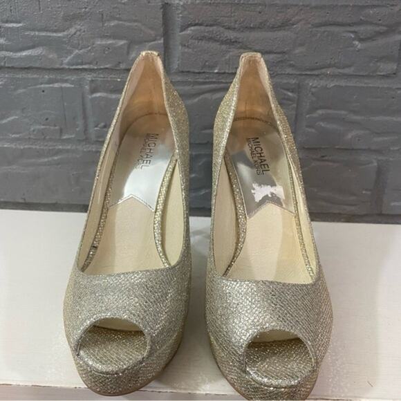 Michael kors‎ Ericka Gold Glitter Peep Toe size 9 Platform Heels Evening Shoes - Picture 4 of 9